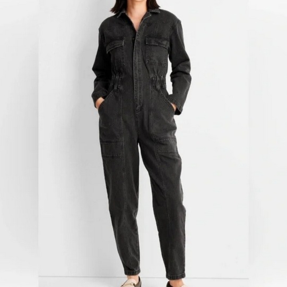 Universal Thread - Long Sleeve Denim Jumpsuit Black Utility Zip-Front
